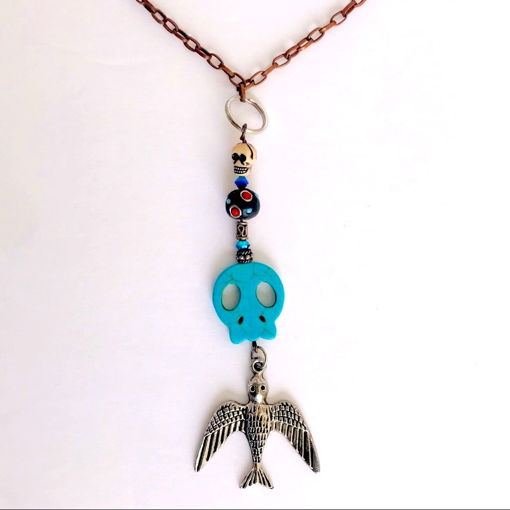 Faux Turquoise Skull Silver Bird Necklace
